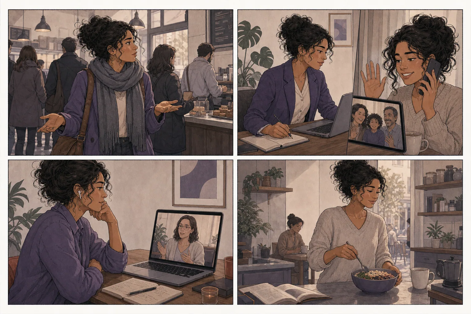 História em quatro quadros sobre uma brasileira lidando com adaptação cultural e identidade no exterior