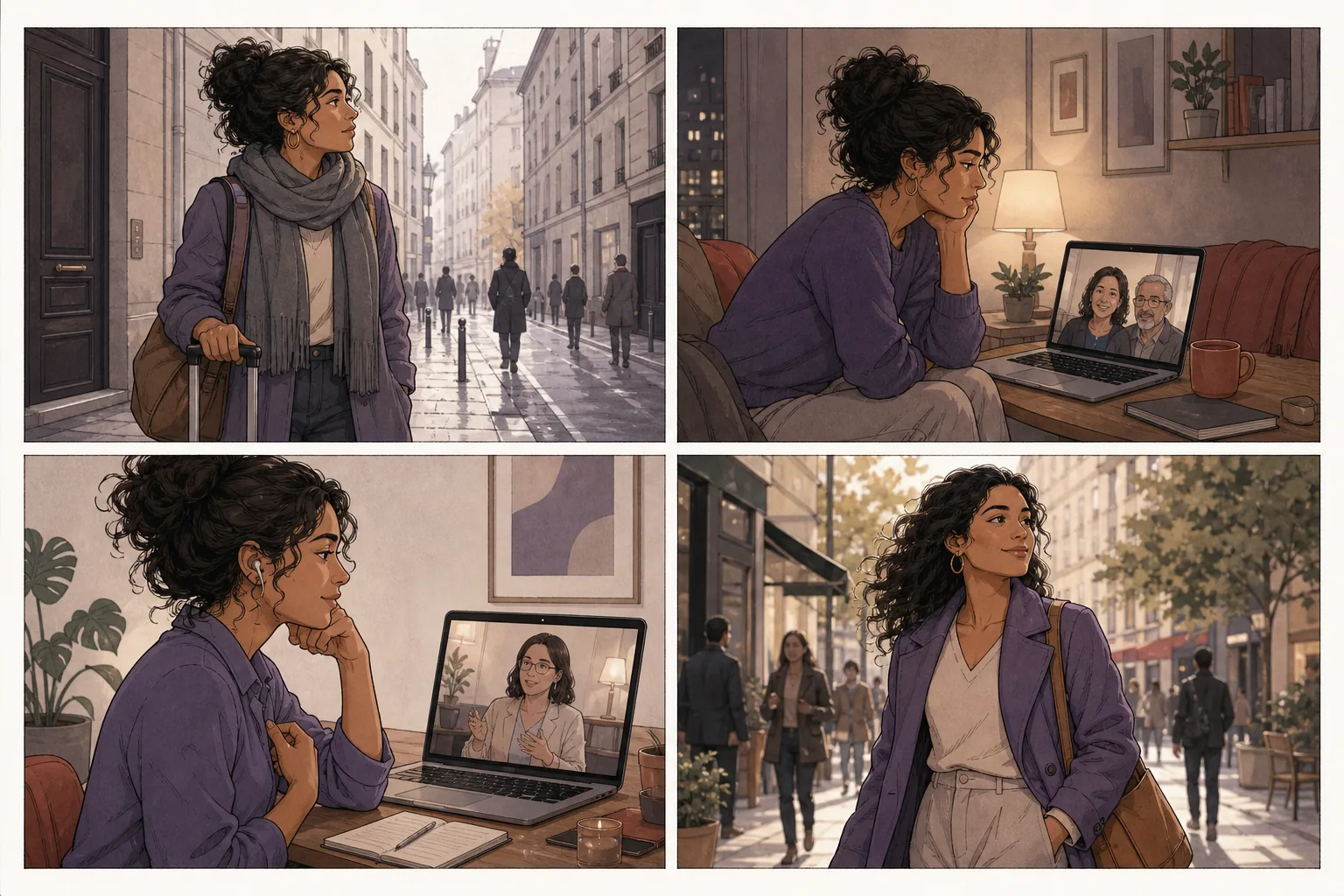 Narrativa ilustrada sobre uma brasileira vivendo no exterior e iniciando terapia online